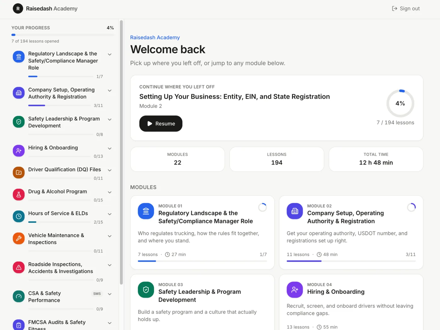 Inside the program: your progress, all 22 modules, and the next lesson to resume