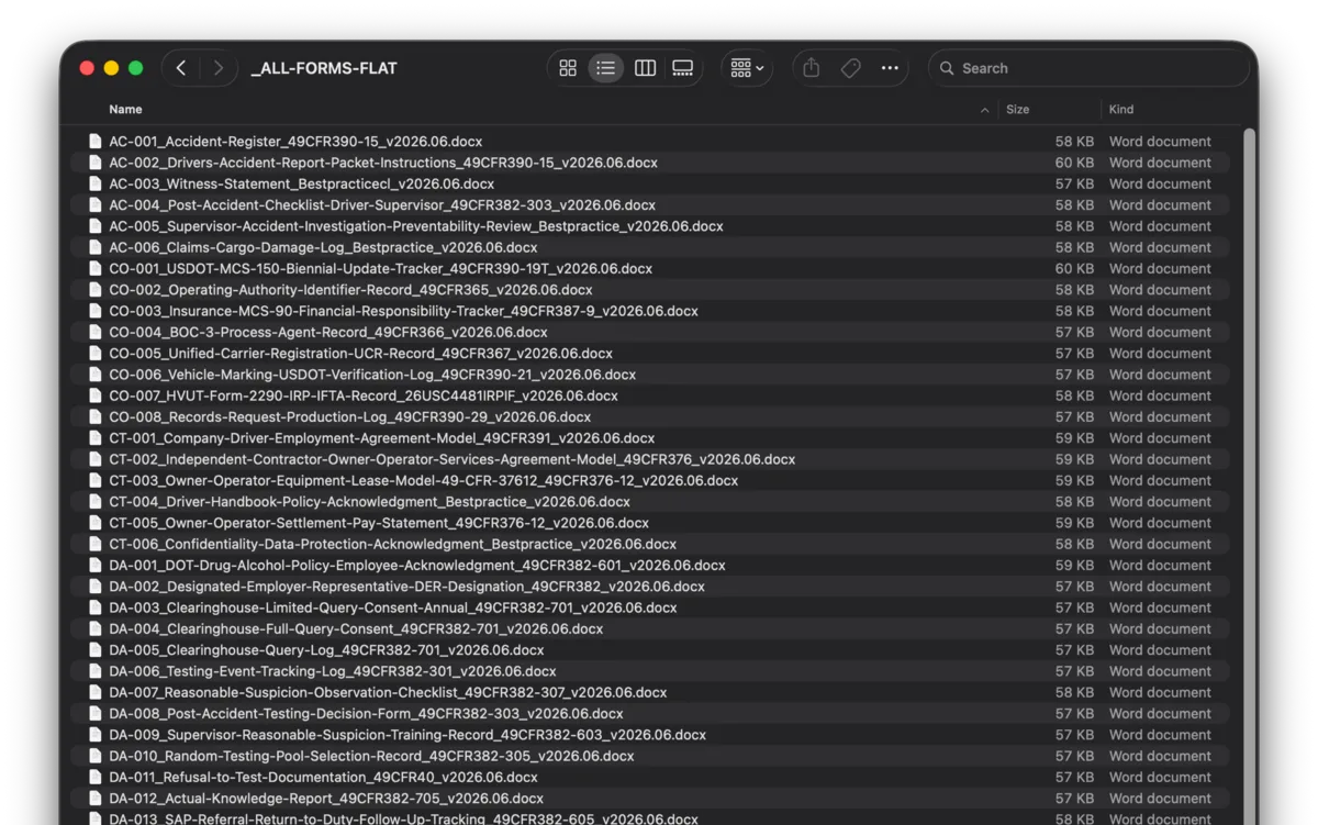 The forms library: 91 named, regulation-cited .docx files