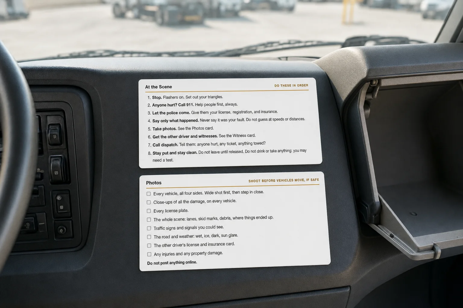 The At the Scene and Photos glovebox cards cut out and lying in a truck cab by the glovebox