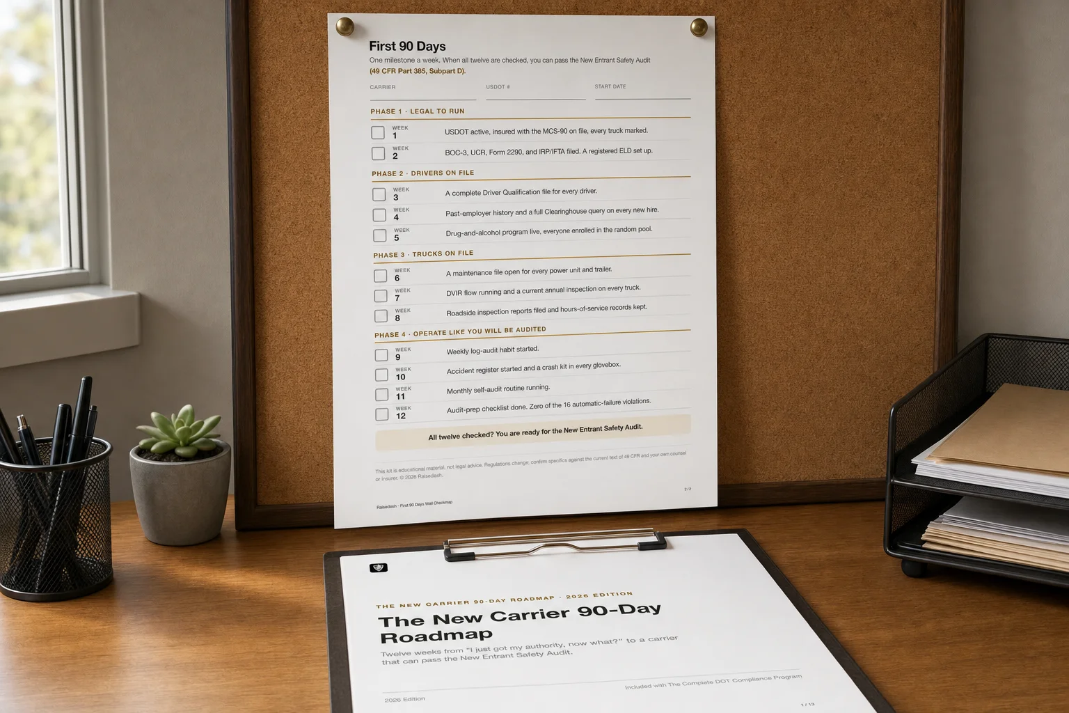 The First 90 Days wall checklist printed and pinned above a desk, with the 90-Day Roadmap on a clipboard