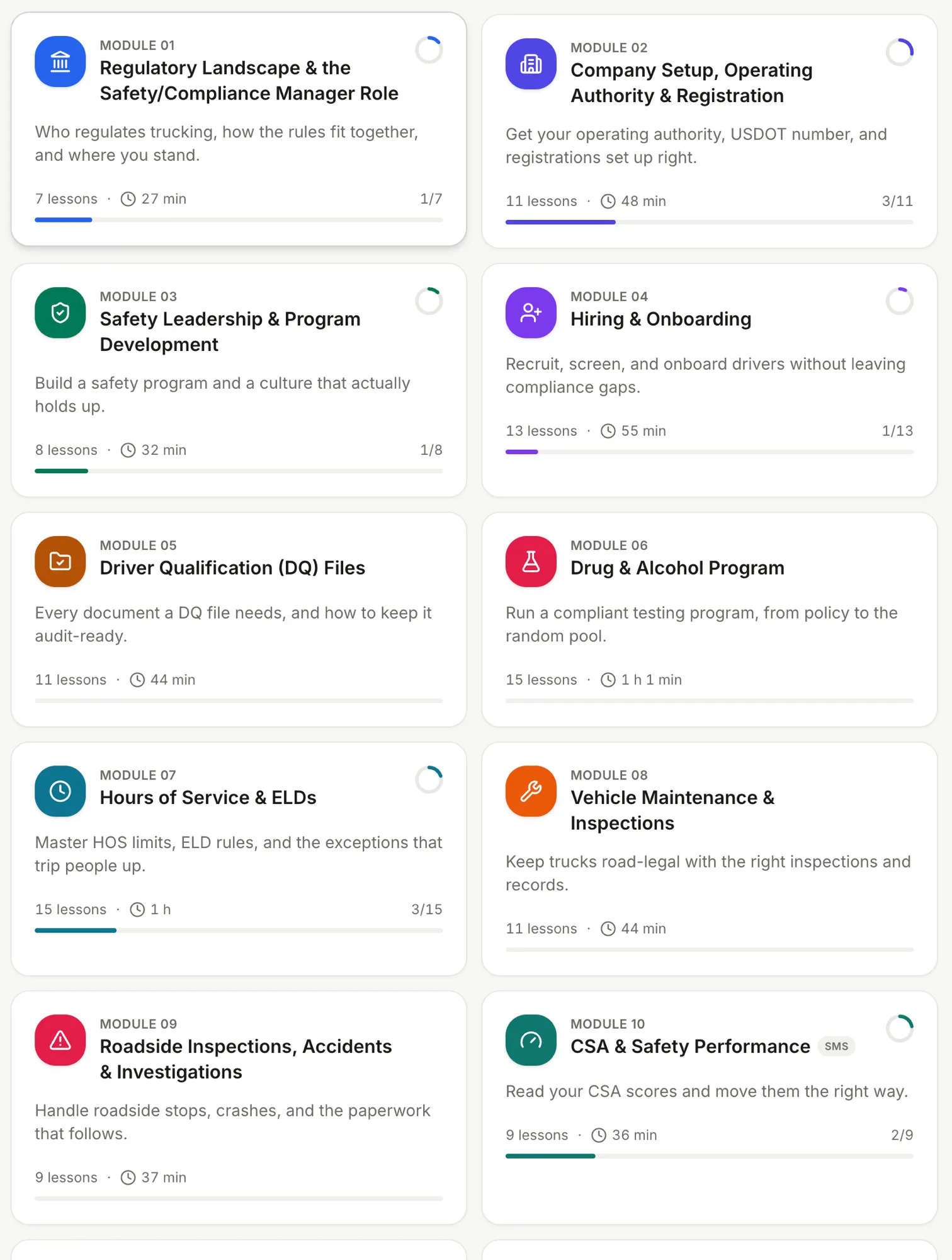 The course curriculum inside the app, with each module’s lesson count